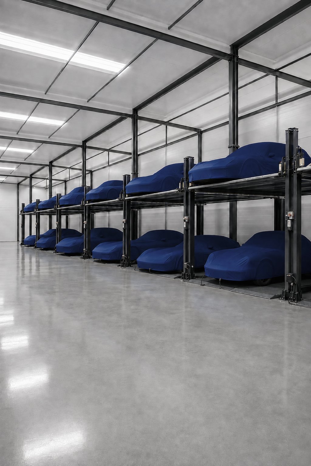 Covered cars stored on two levels in a clean, secure Ottano storage facility
